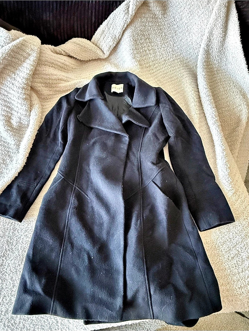 Reiss Isla Wool Cashmere Coat Black Leather Blend Trench Coat Size Medium